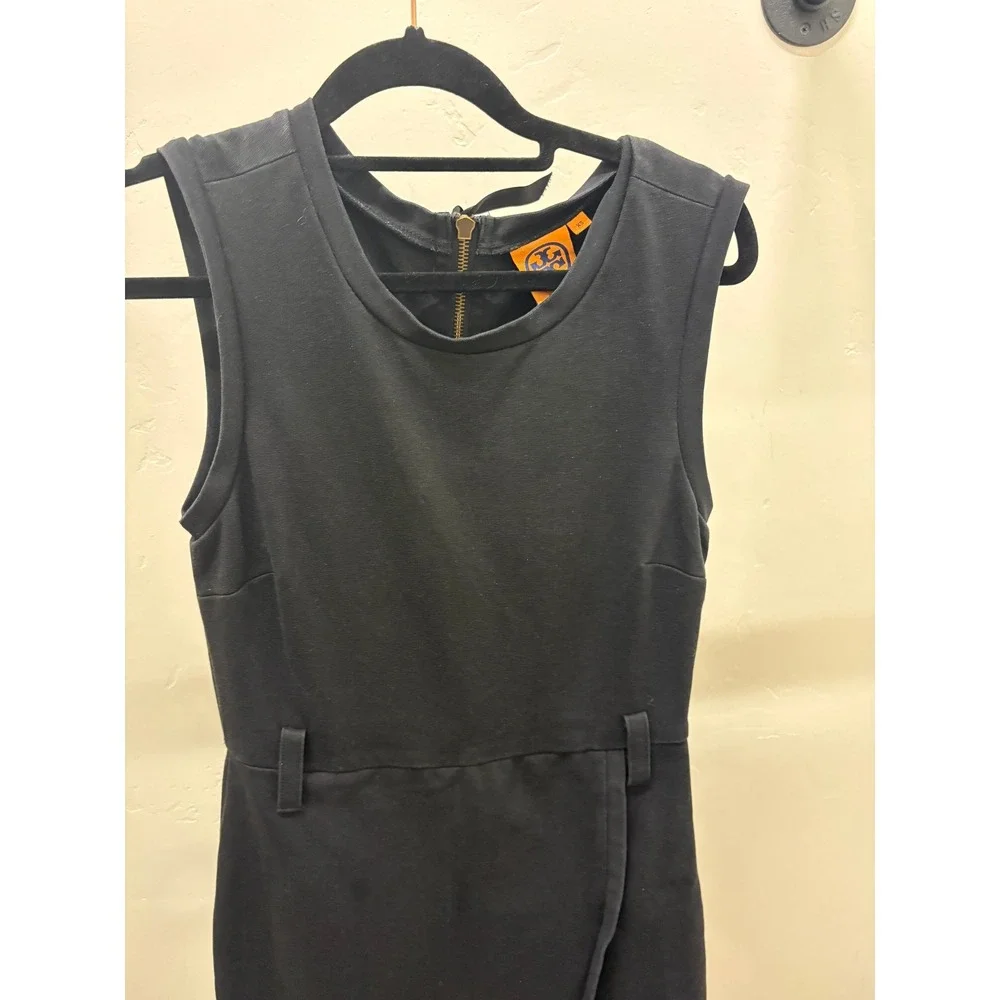 Tory Burch Black Sleeveless Wrap Front Sheath Dress Gold Back Zip XS old money